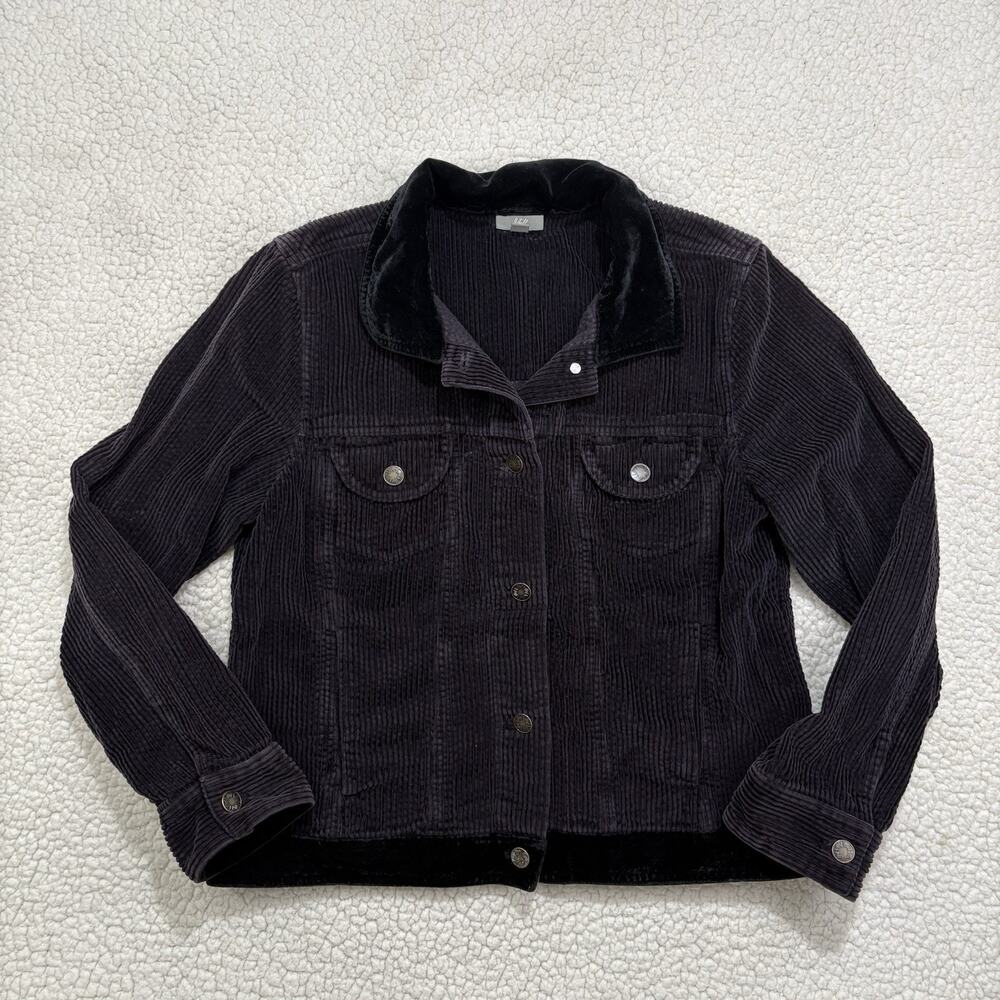 J. Jill Black Corduroy Fuzzy Velvet Collar Long Sleeve Womens Jacket Size M
